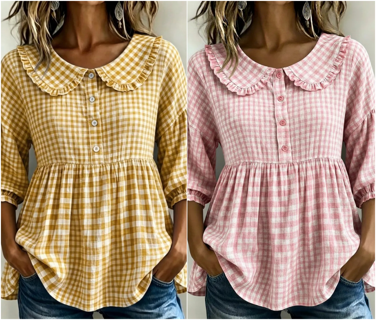 New Arrivals🔥Women's Gingham Puff Sleeve Peplum Blouse