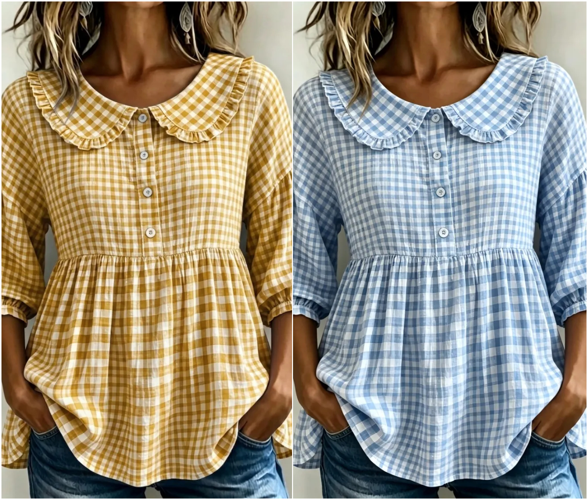 New Arrivals🔥Women's Gingham Puff Sleeve Peplum Blouse
