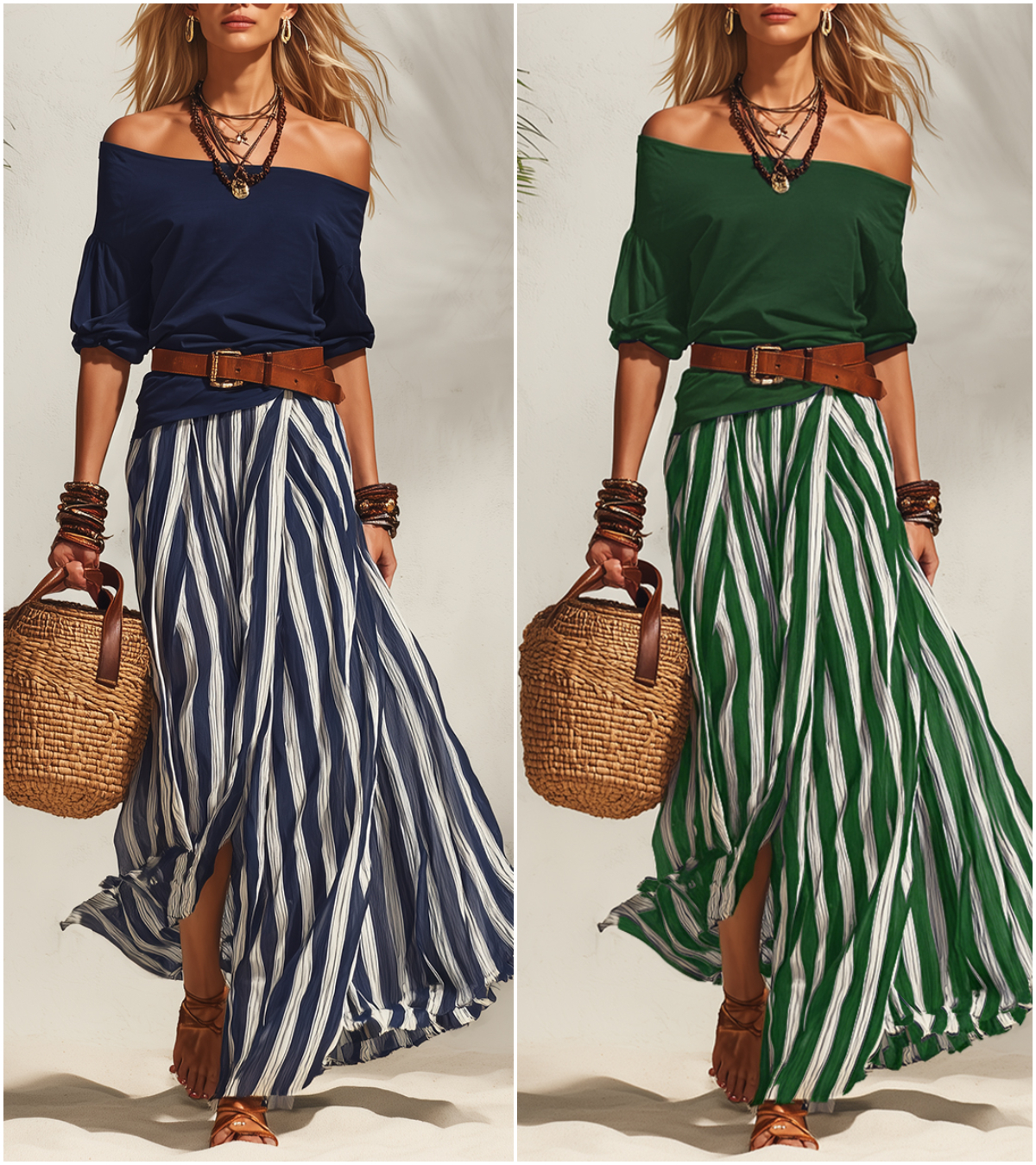Effortless Striped Maxi Skirt Set with Belt – Relaxed Elegant Off-shoulder Two-Piece Outfit