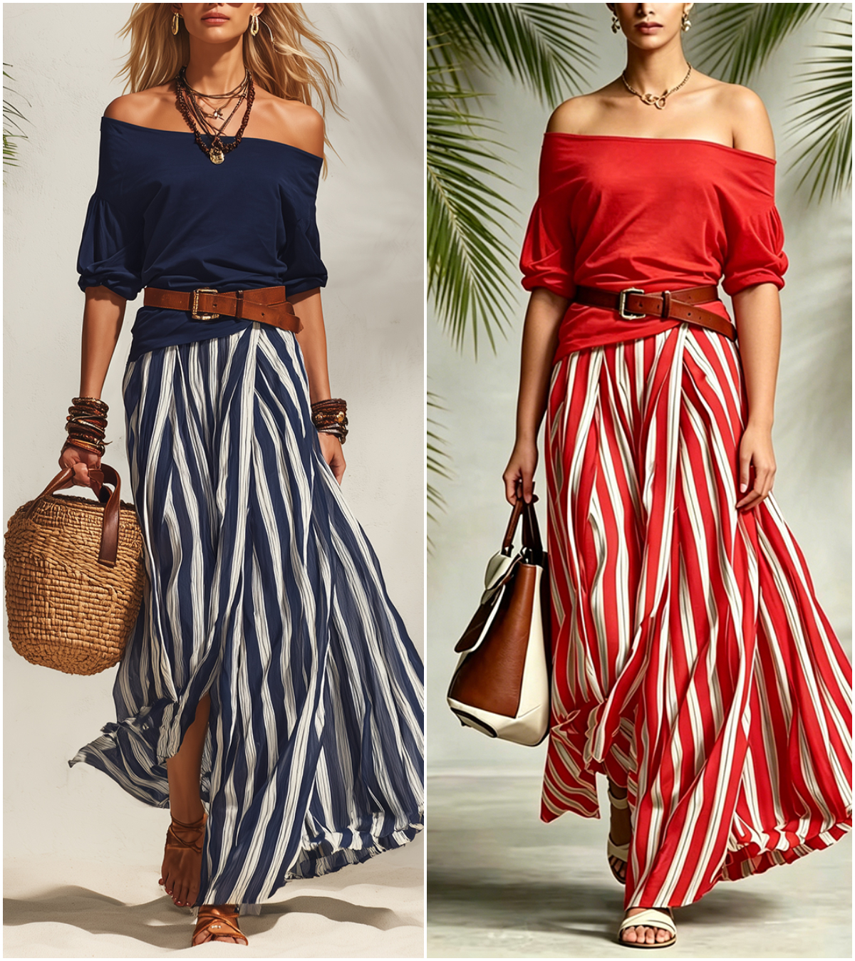 Effortless Striped Maxi Skirt Set with Belt – Relaxed Elegant Off-shoulder Two-Piece Outfit