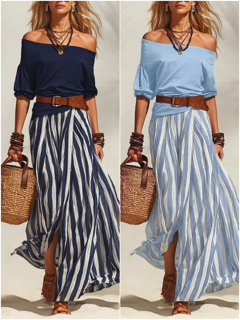 Effortless Striped Maxi Skirt Set with Belt – Relaxed Elegant Off-shoulder Two-Piece Outfit