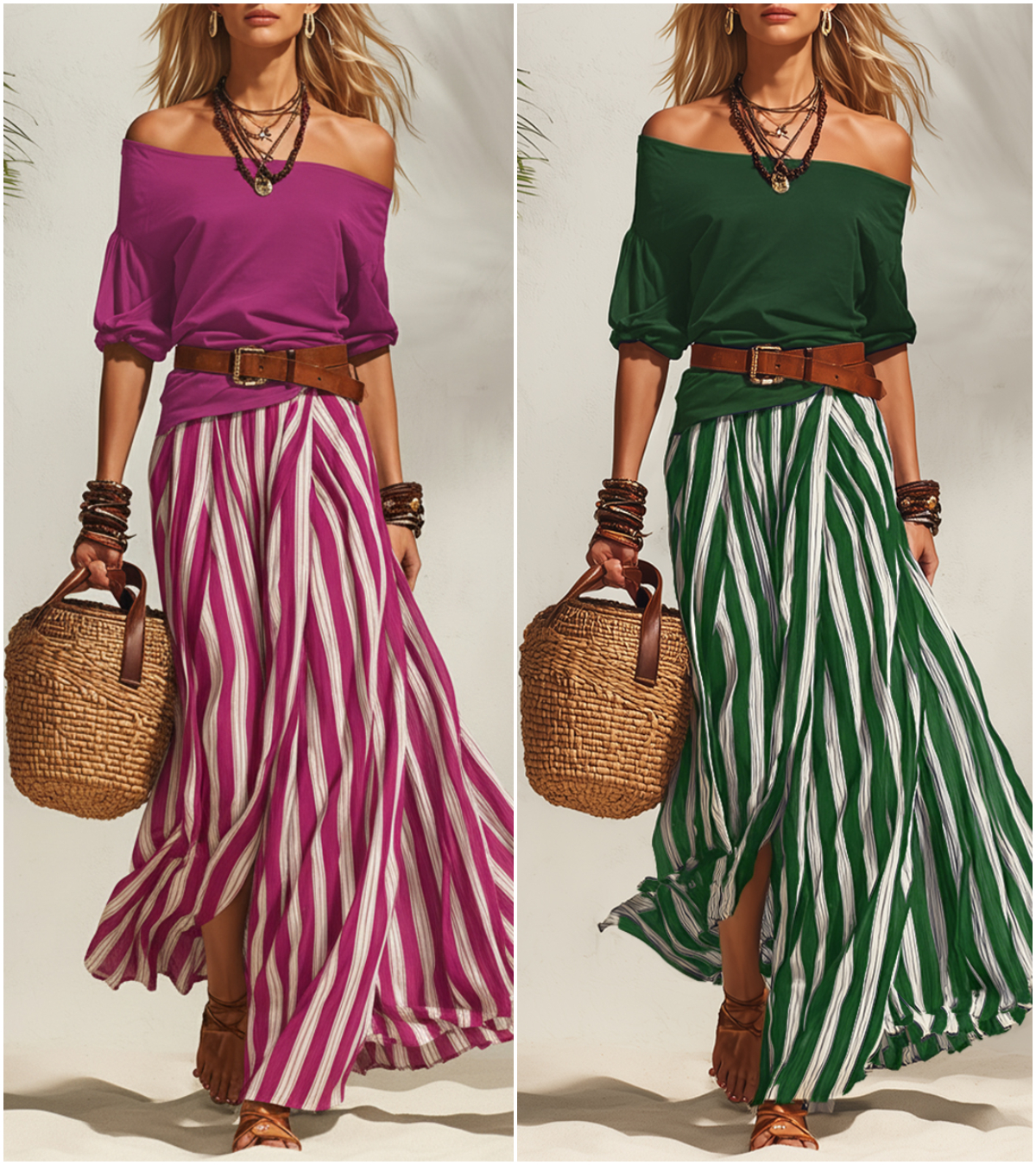 Effortless Striped Maxi Skirt Set with Belt – Relaxed Elegant Off-shoulder Two-Piece Outfit