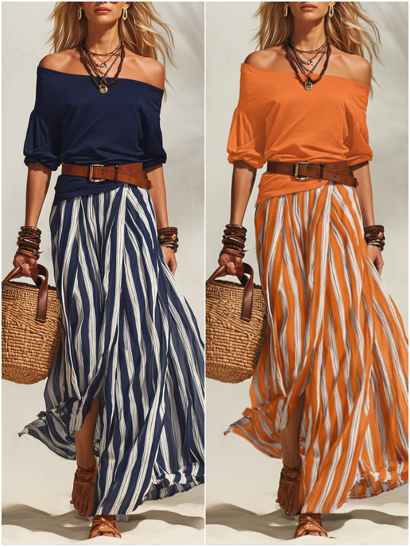 Effortless Striped Maxi Skirt Set with Belt – Relaxed Elegant Off-shoulder Two-Piece Outfit