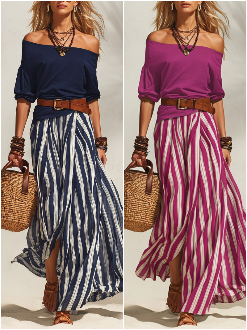 Effortless Striped Maxi Skirt Set with Belt – Relaxed Elegant Off-shoulder Two-Piece Outfit