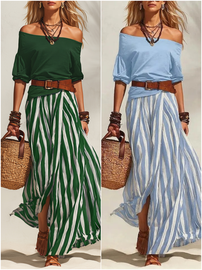 Effortless Striped Maxi Skirt Set with Belt – Relaxed Elegant Off-shoulder Two-Piece Outfit