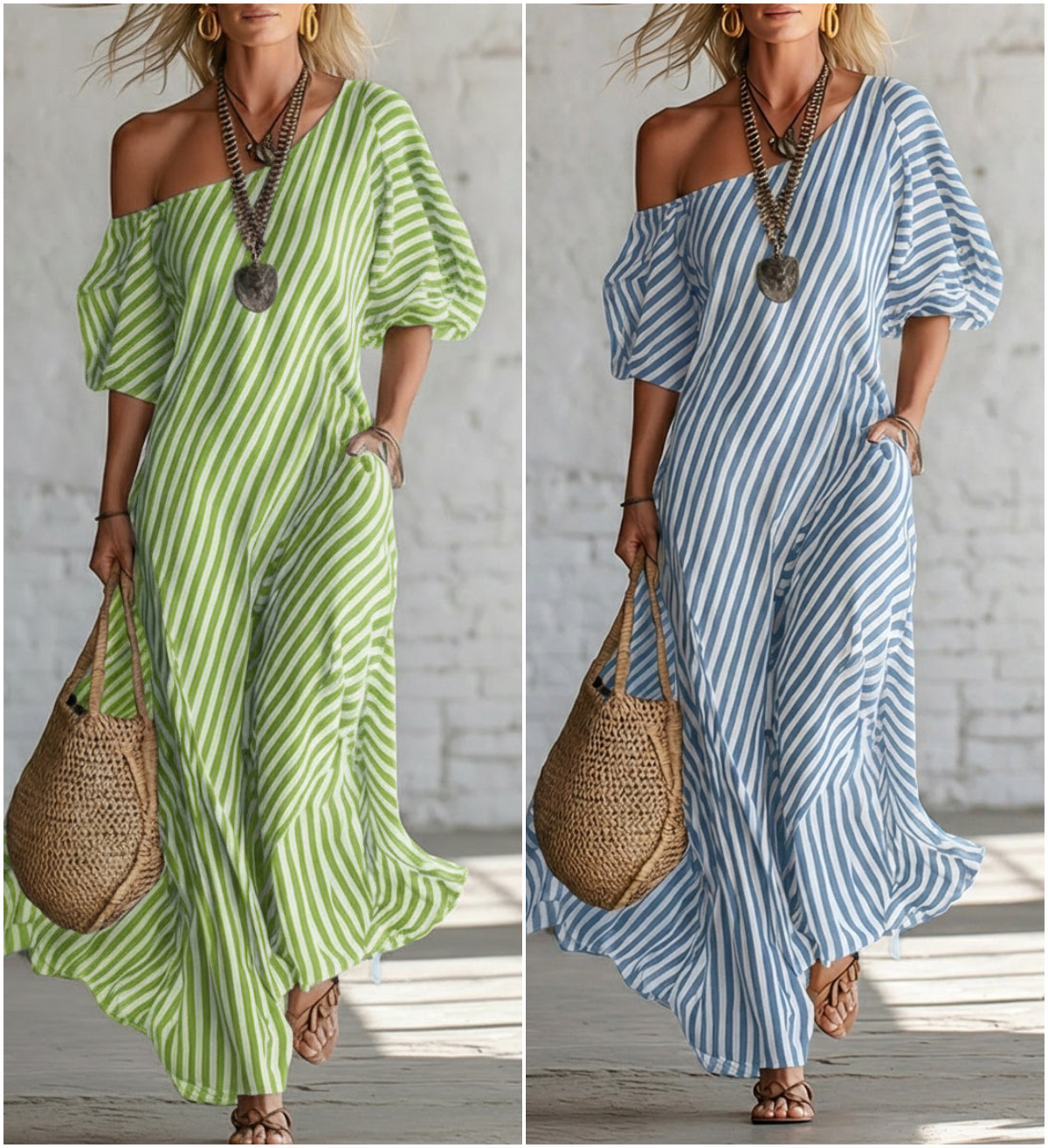 Elegant And Classic Striped Off-shoulder Maxi Dress