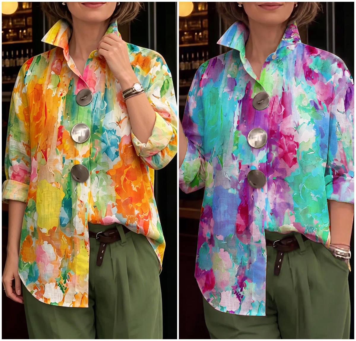 Artistic Watercolor Palette Print Metal-button Shirt