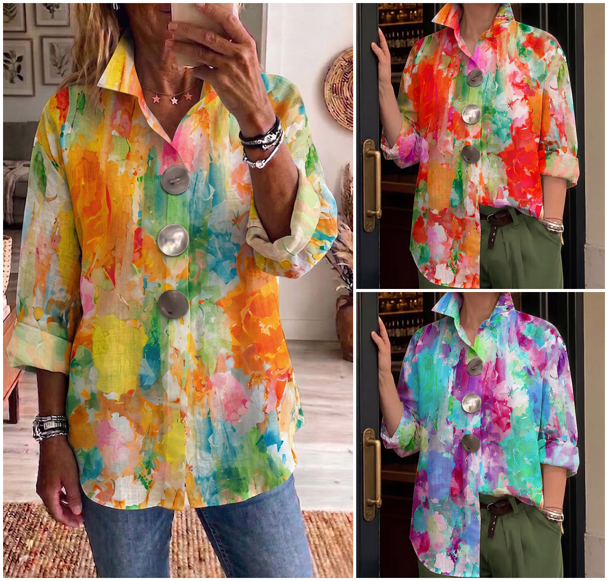 Artistic Watercolor Palette Print Metal-button Shirt