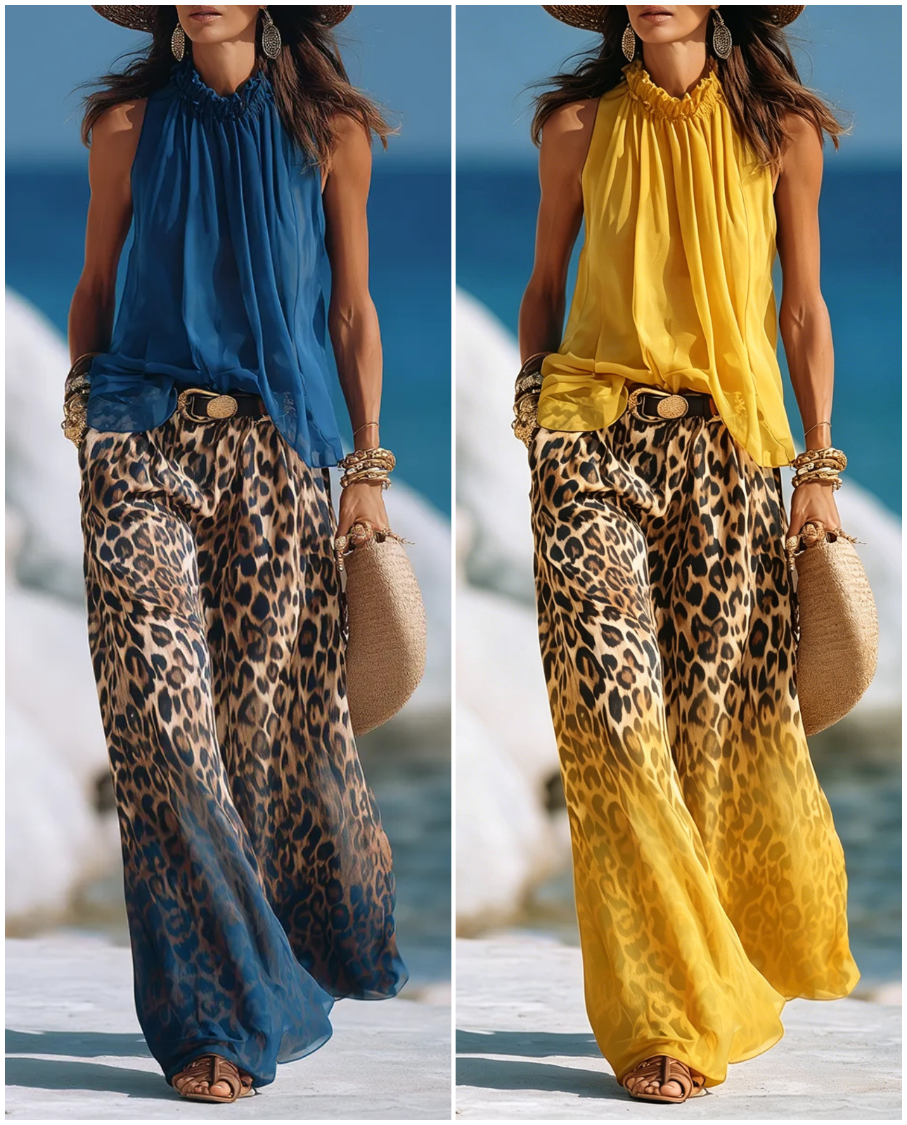 Trendy Vacation Chiffon Sleeveless Top With Leopard Print Gradient Wide-leg Pants Set