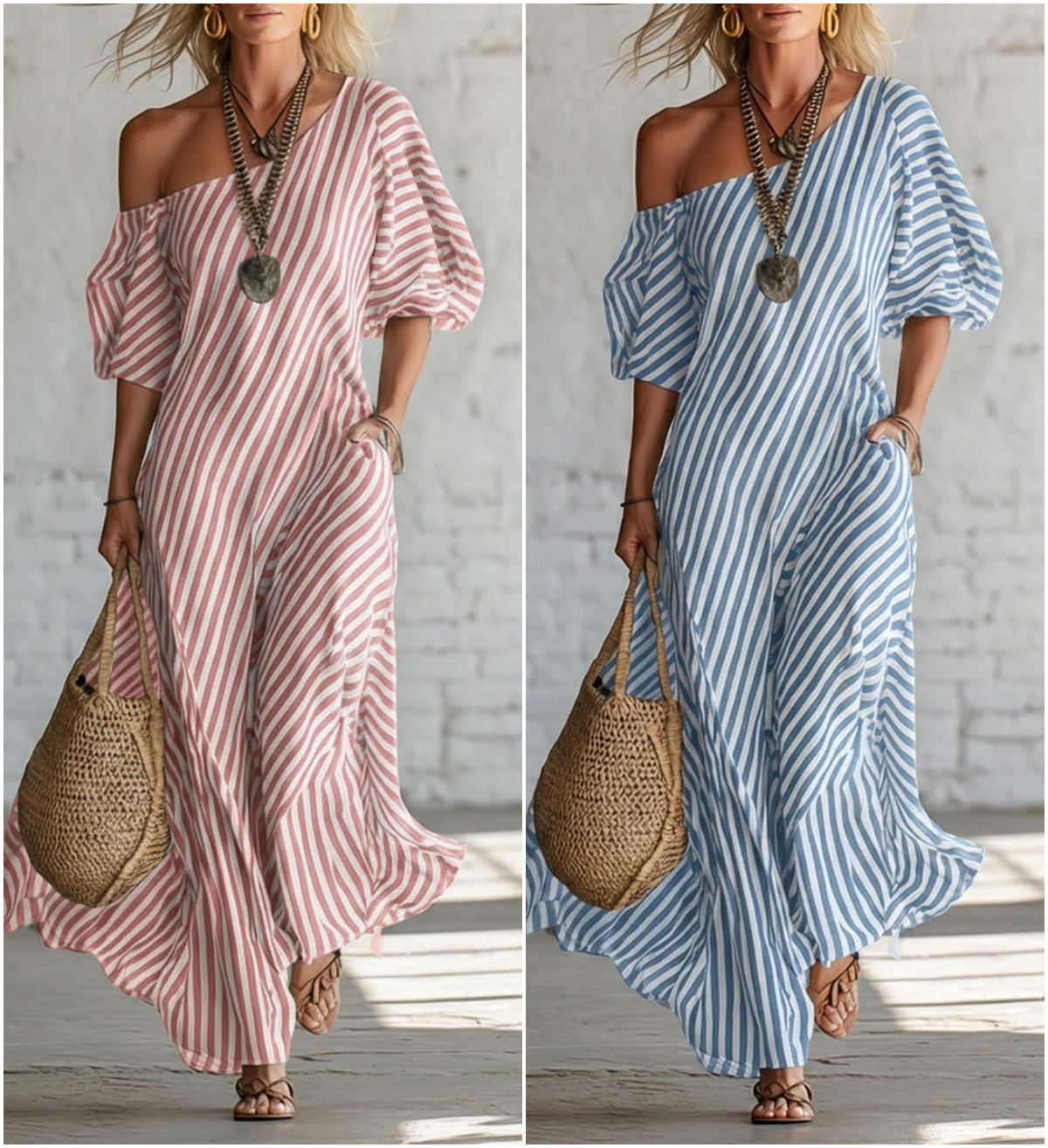 Elegant And Classic Striped Off-shoulder Maxi Dress