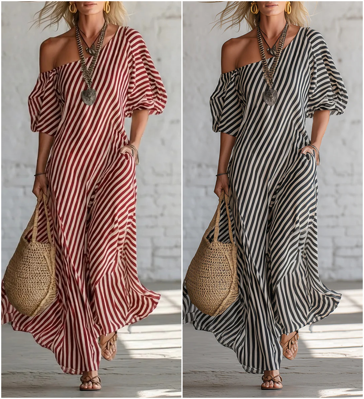 Elegant And Classic Striped Off-shoulder Maxi Dress
