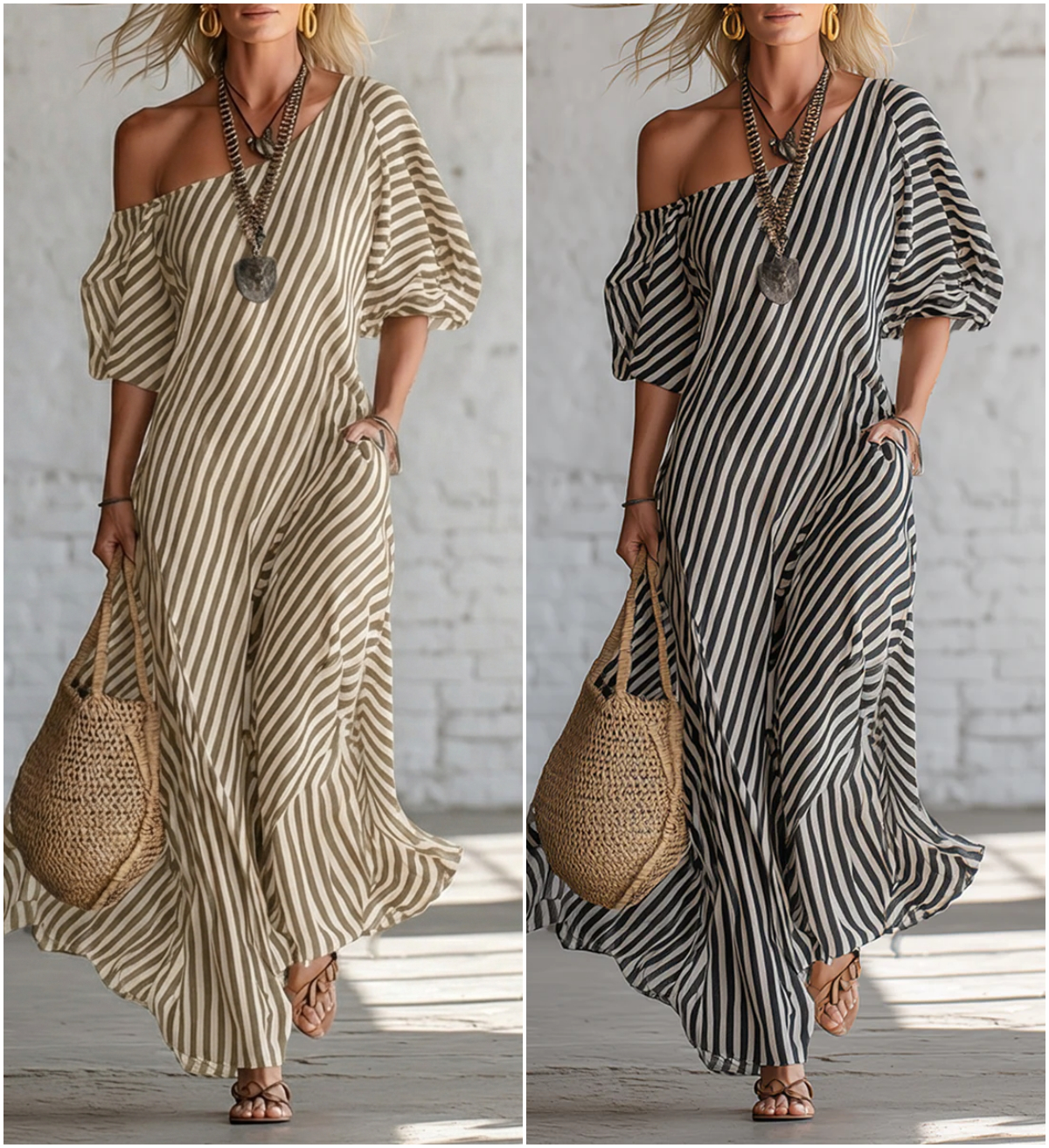Elegant And Classic Striped Off-shoulder Maxi Dress