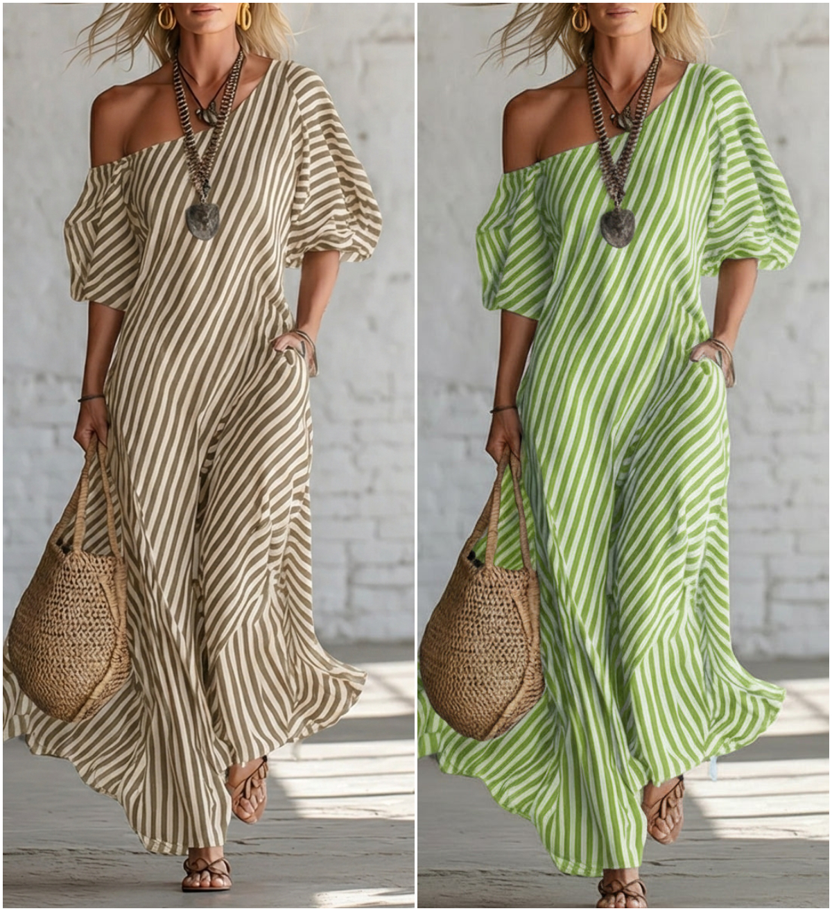 Elegant And Classic Striped Off-shoulder Maxi Dress
