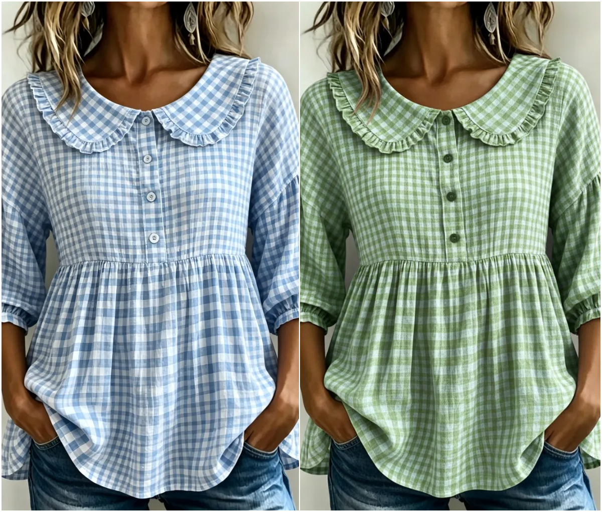 New Arrivals🔥Women's Gingham Puff Sleeve Peplum Blouse