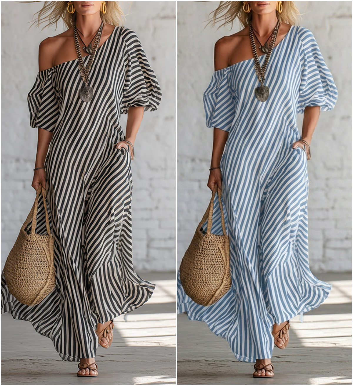 Elegant And Classic Striped Off-shoulder Maxi Dress