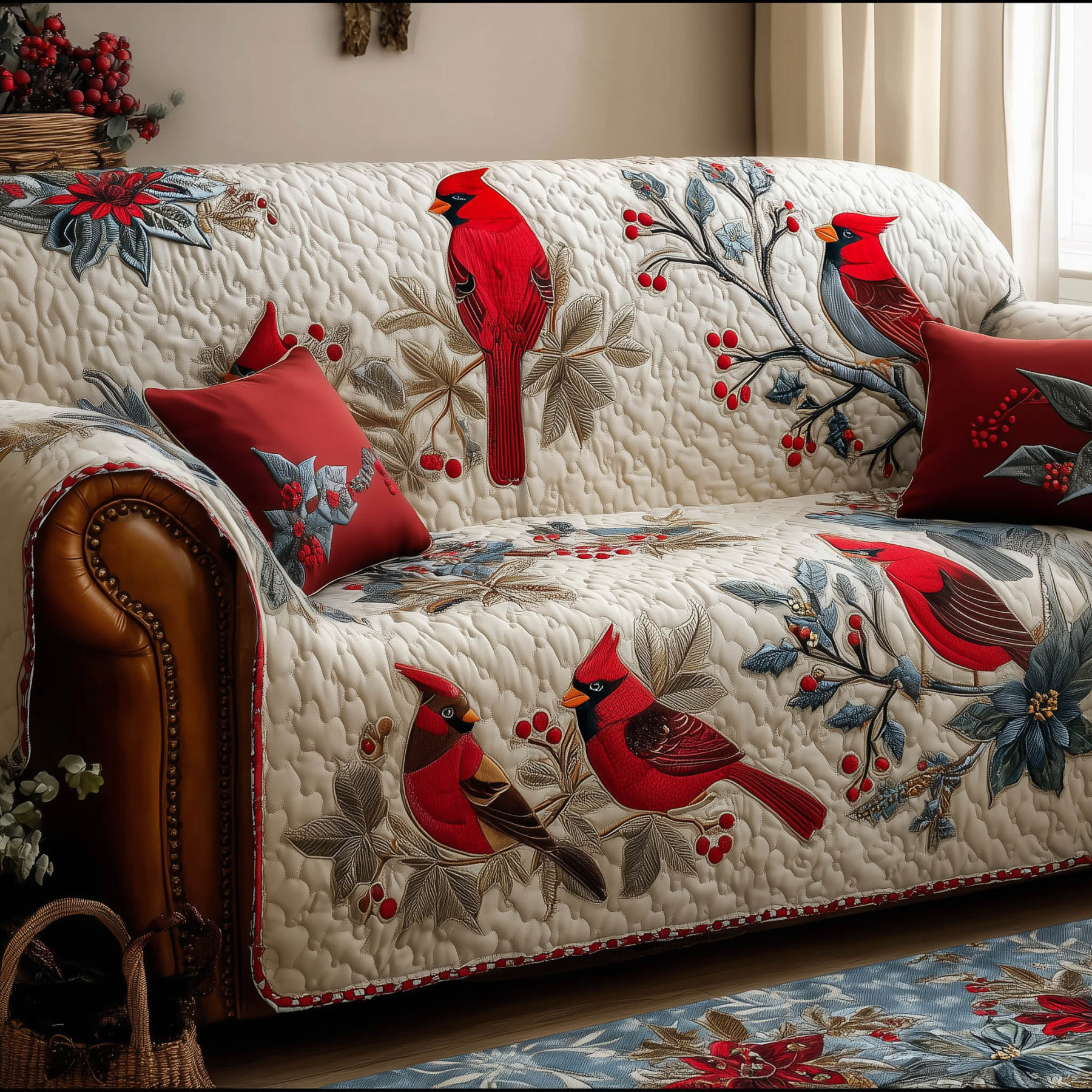 Festive Cardinal Quilted Sofa Cover GFTONT5717