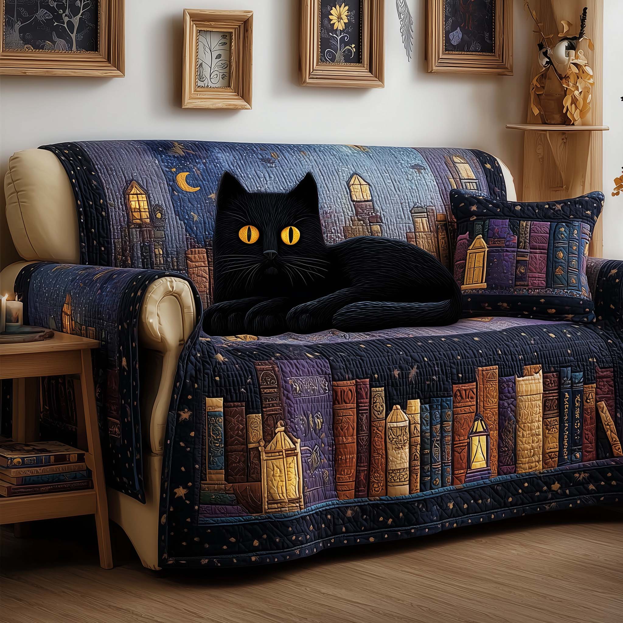 Midnight Cat Quilted Sofa Cover GFTOQM1508