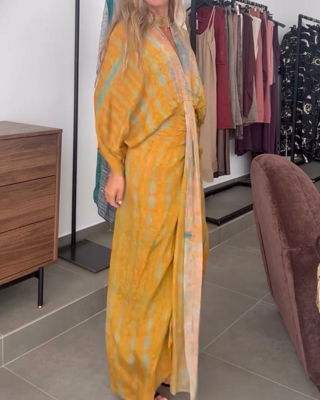 Unique Printed V-Neck High-Waisted Loose-Fitting Holiday Maxi Dress