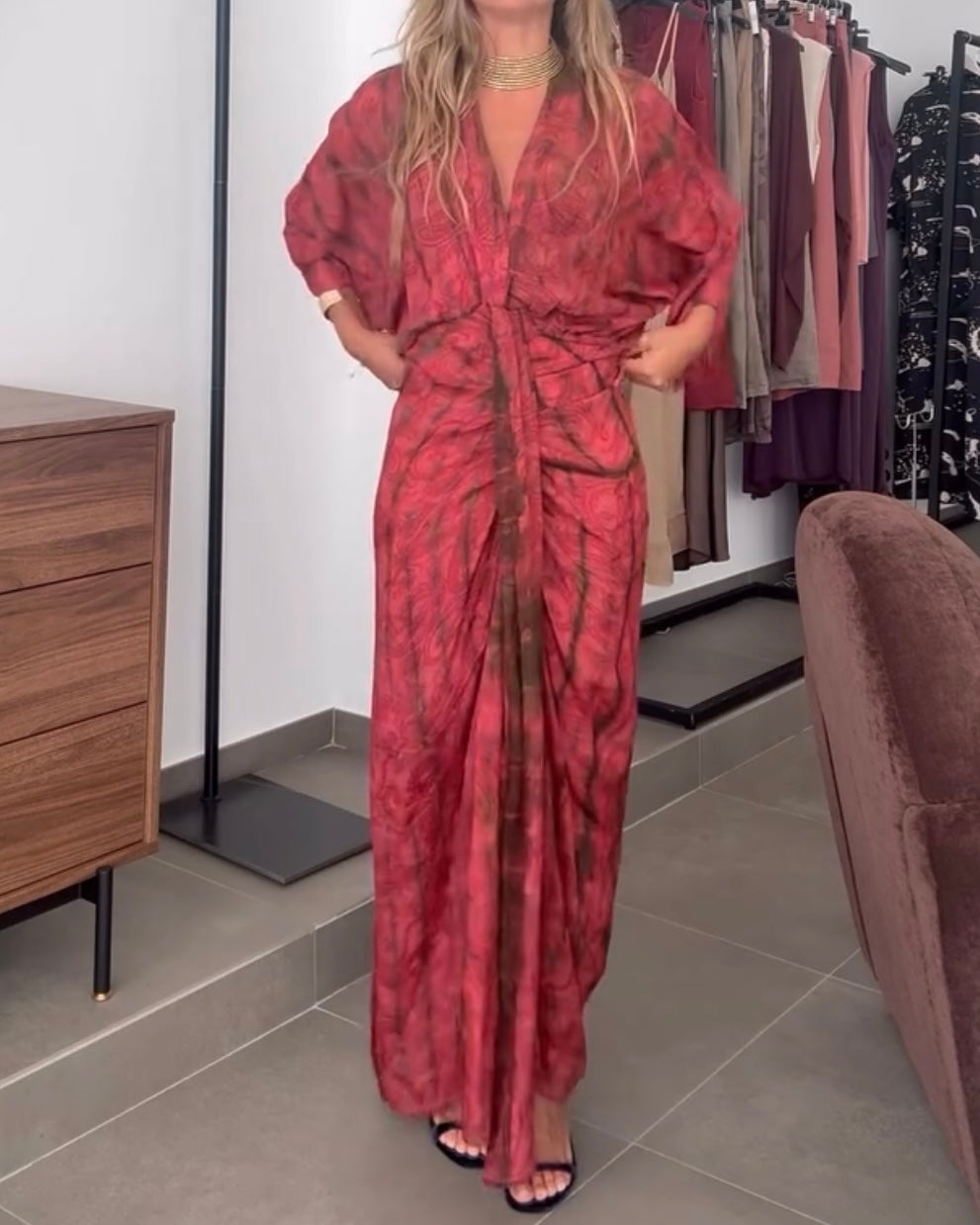 Unique Printed V-Neck High-Waisted Loose-Fitting Holiday Maxi Dress