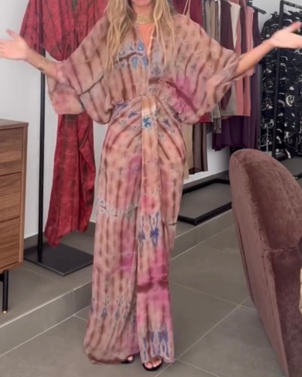 Unique Printed V-Neck High-Waisted Loose-Fitting Holiday Maxi Dress