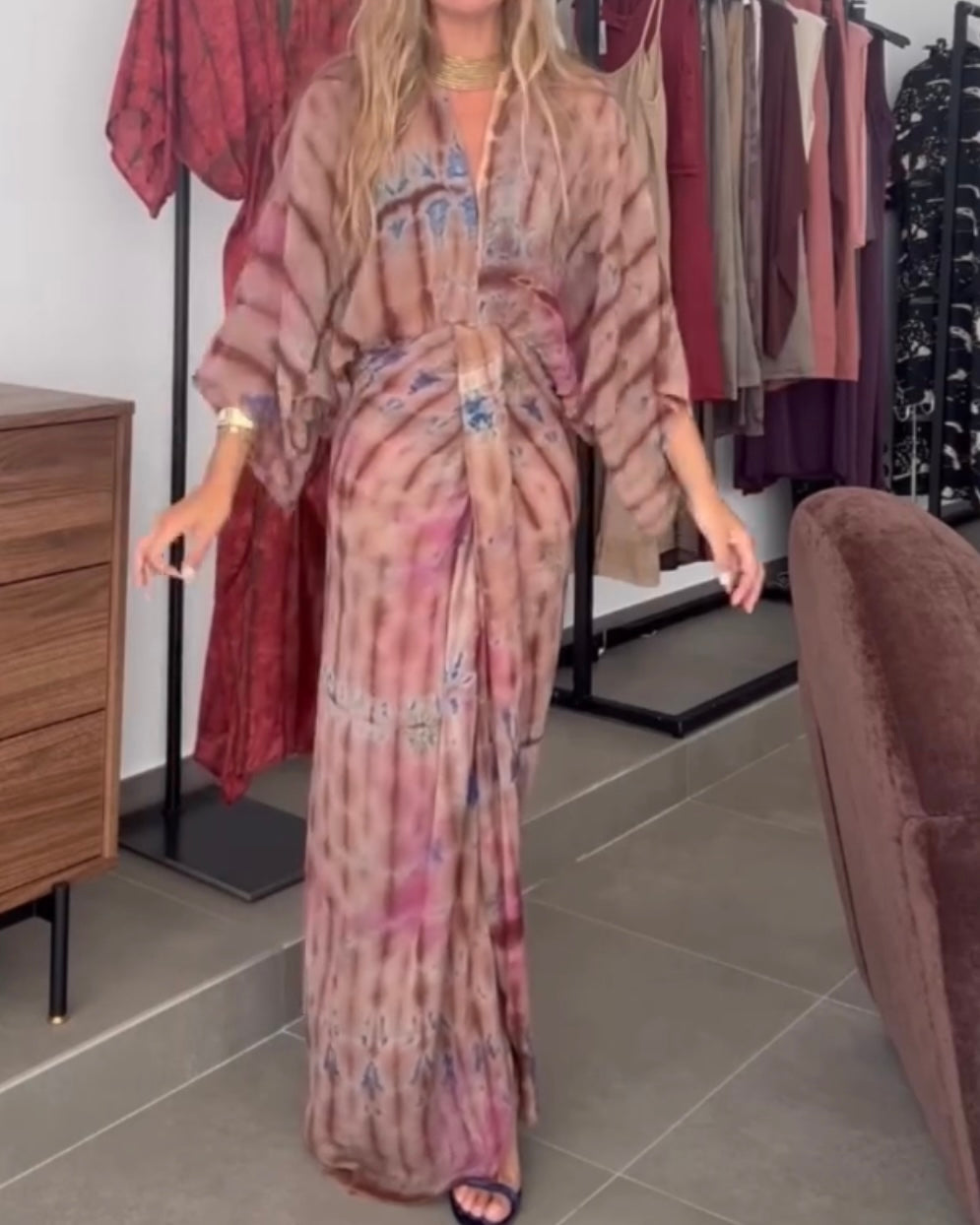 Unique Printed V-Neck High-Waisted Loose-Fitting Holiday Maxi Dress