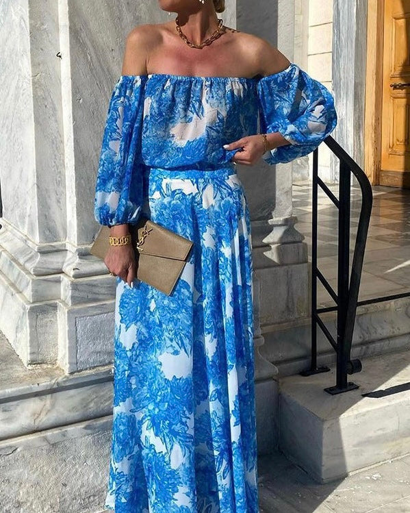 Sexy Print Flowers Patchwork Off the Shoulder A Line Dresses