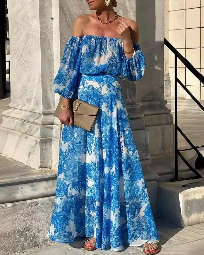 Sexy Print Flowers Patchwork Off the Shoulder A Line Dresses