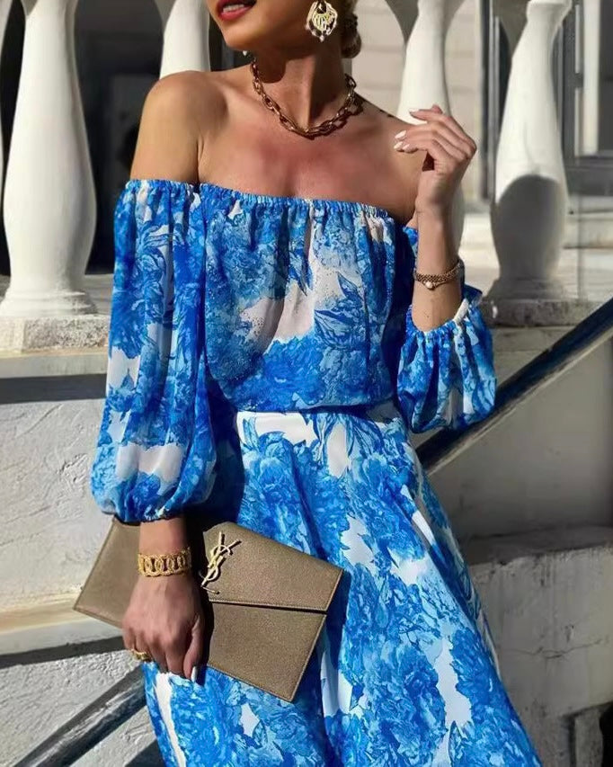 Sexy Print Flowers Patchwork Off the Shoulder A Line Dresses