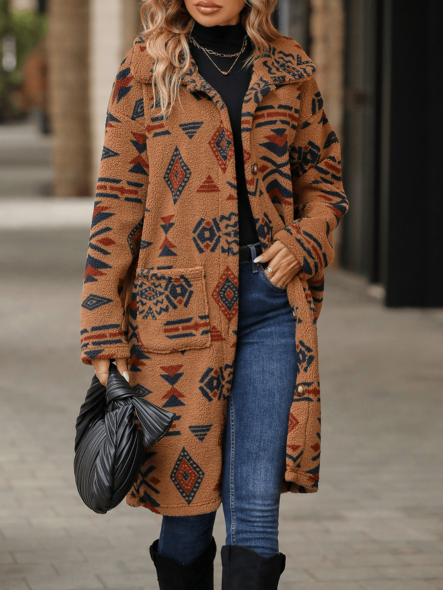Vintage Geometric Long Sleeve Pocketed Cardigan Jacket