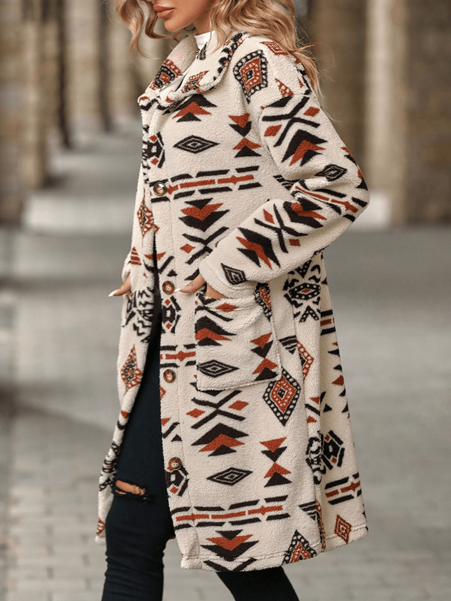 Vintage Geometric Long Sleeve Pocketed Cardigan Jacket
