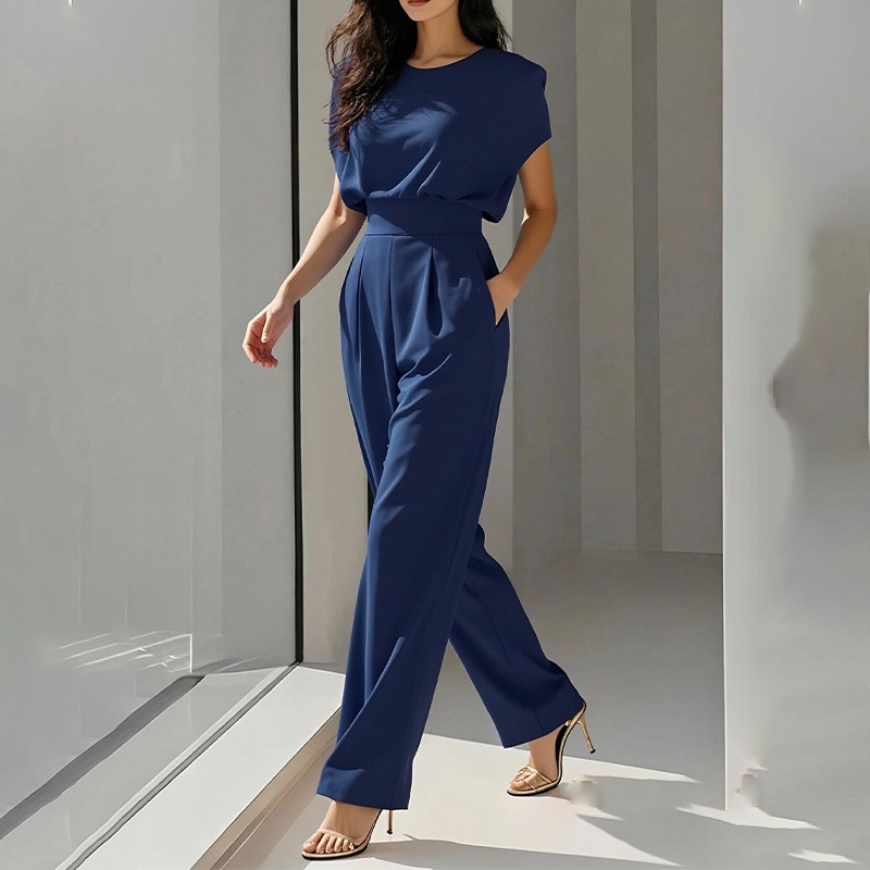 Women Off White Crew Neck Sleeveless Dressy Jumpsuit With Pockets