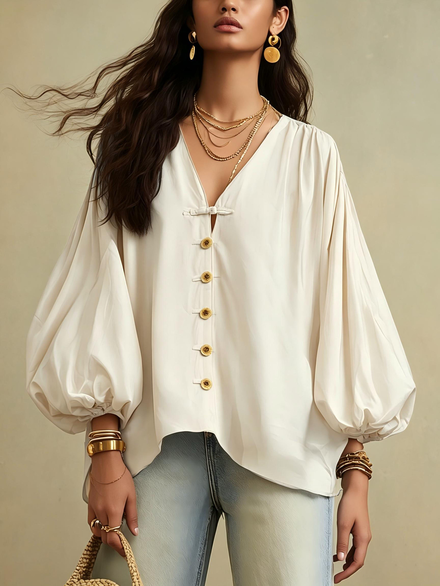 Retro V-neck Knot Button Lantern Sleeve Cotton Blouse