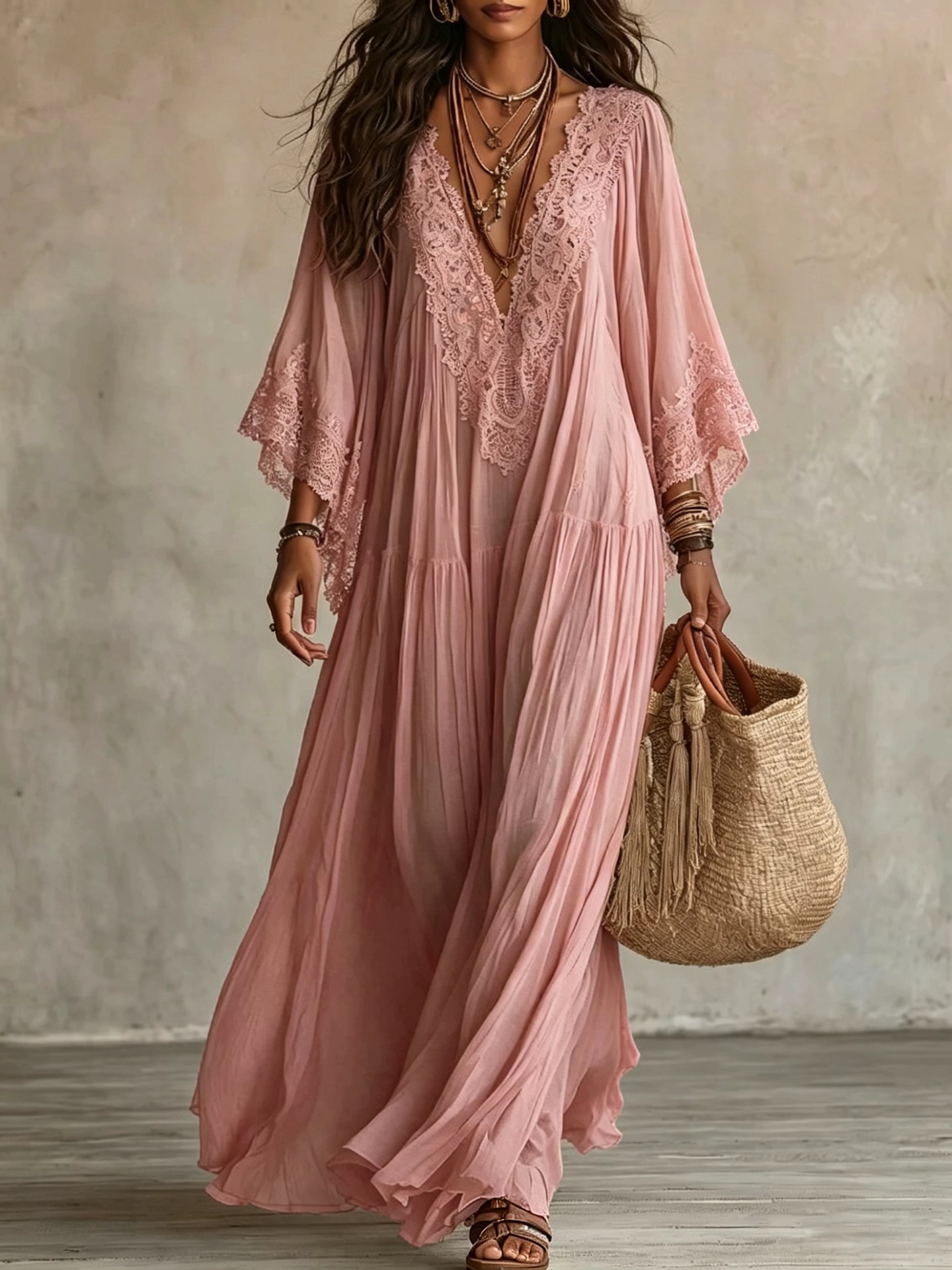 Lace V-neck Batwing Sleeve Chiffon Maxi Dress