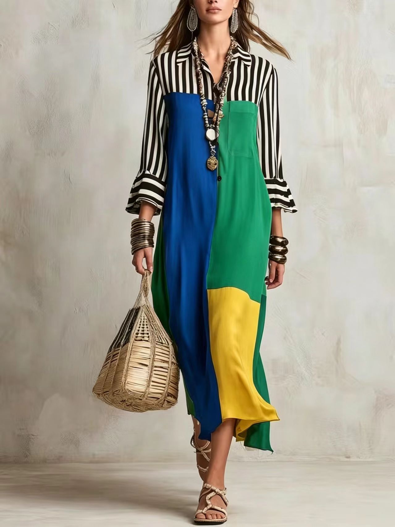 Striped Split-Joint Contrast Color Three-quarter Sleeves Ruffle Sleeves Lapel Midi Dresses