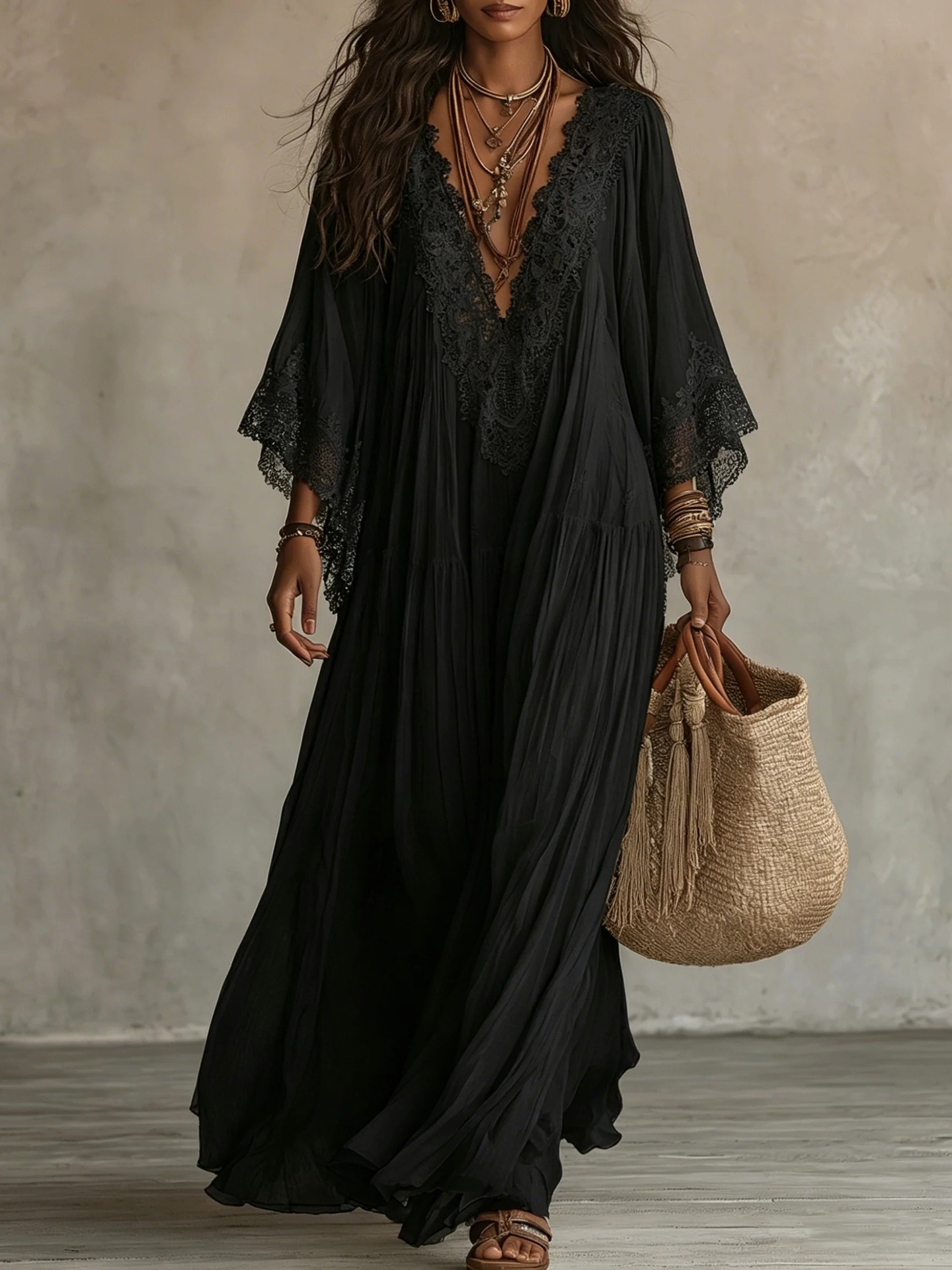 Lace V-neck Batwing Sleeve Chiffon Maxi Dress