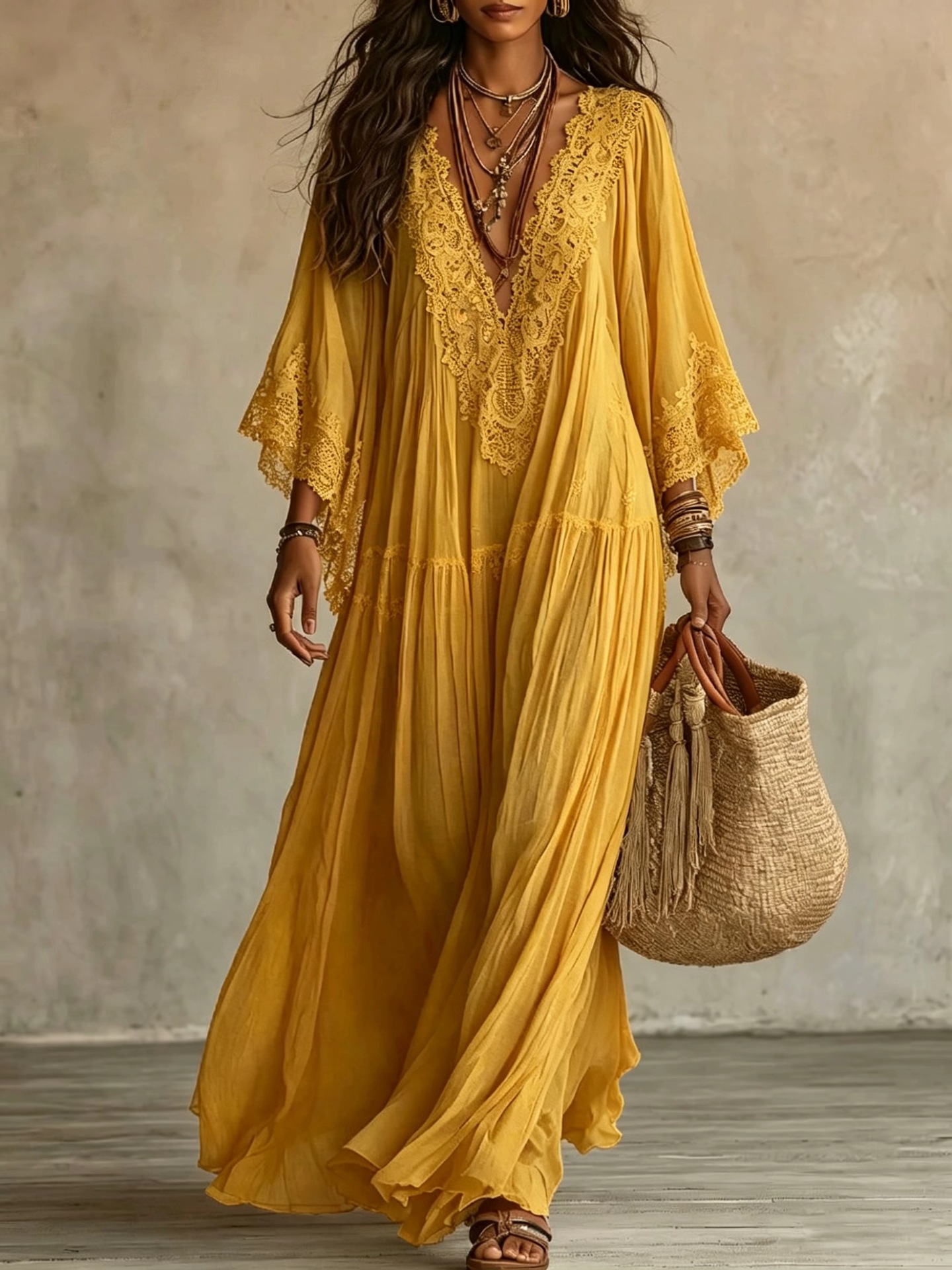 Lace V-neck Batwing Sleeve Chiffon Maxi Dress