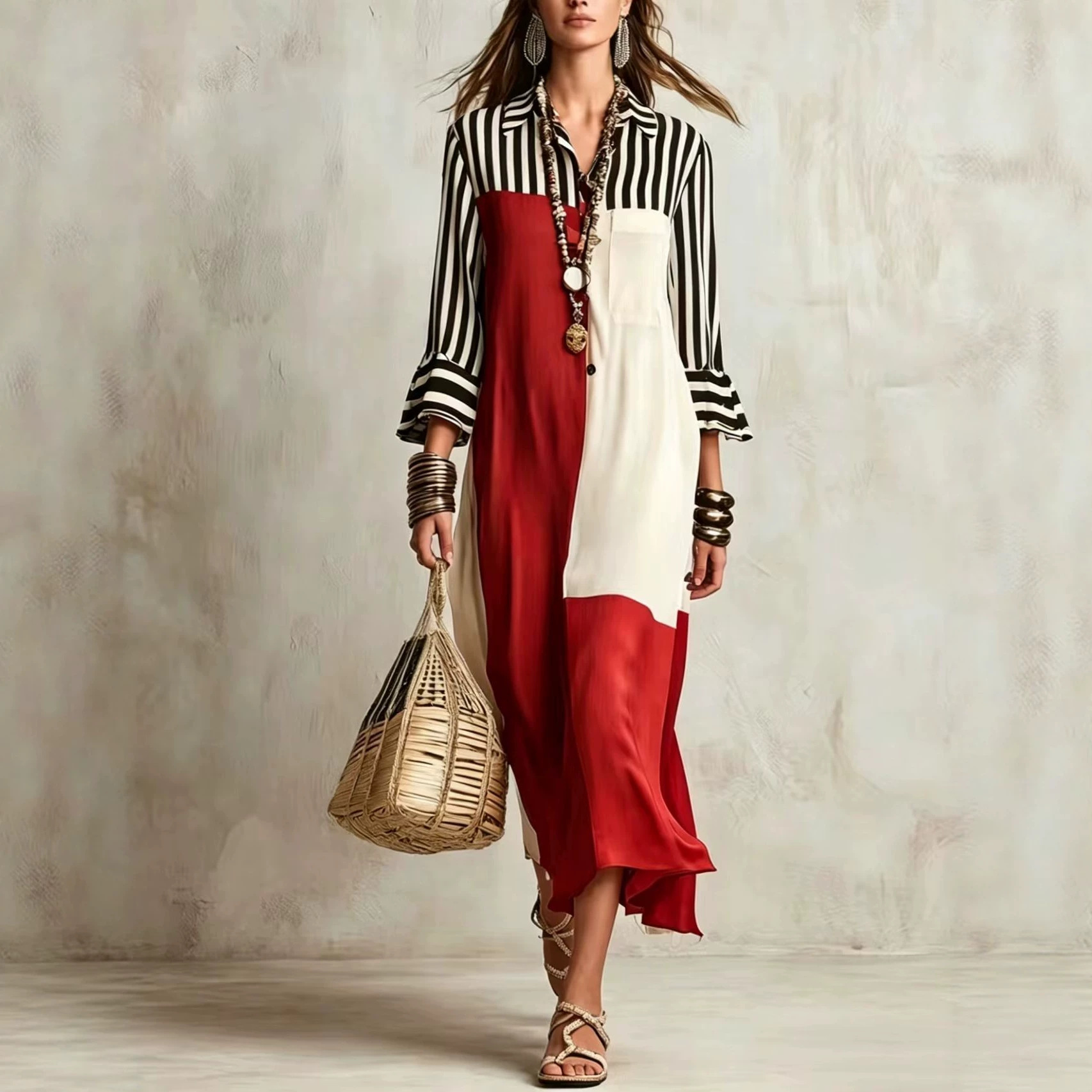 Striped Split-Joint Contrast Color Three-quarter Sleeves Ruffle Sleeves Lapel Midi Dresses