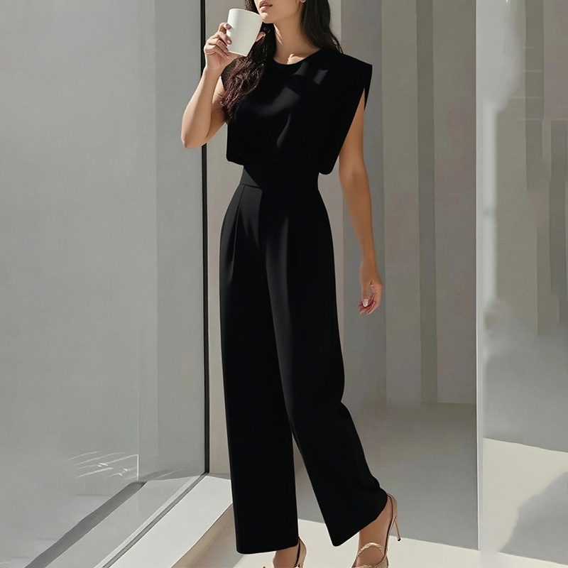 Women Off White Crew Neck Sleeveless Dressy Jumpsuit With Pockets