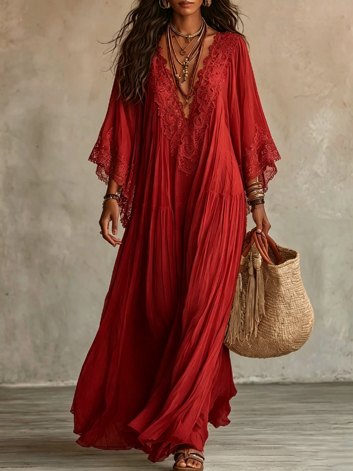 Lace V-neck Batwing Sleeve Chiffon Maxi Dress