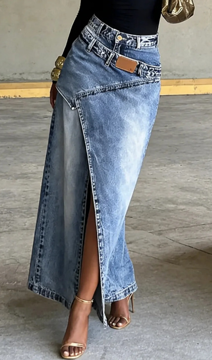 Women's Denim High Waisted Asymmetrical Slit Maxi Skirt