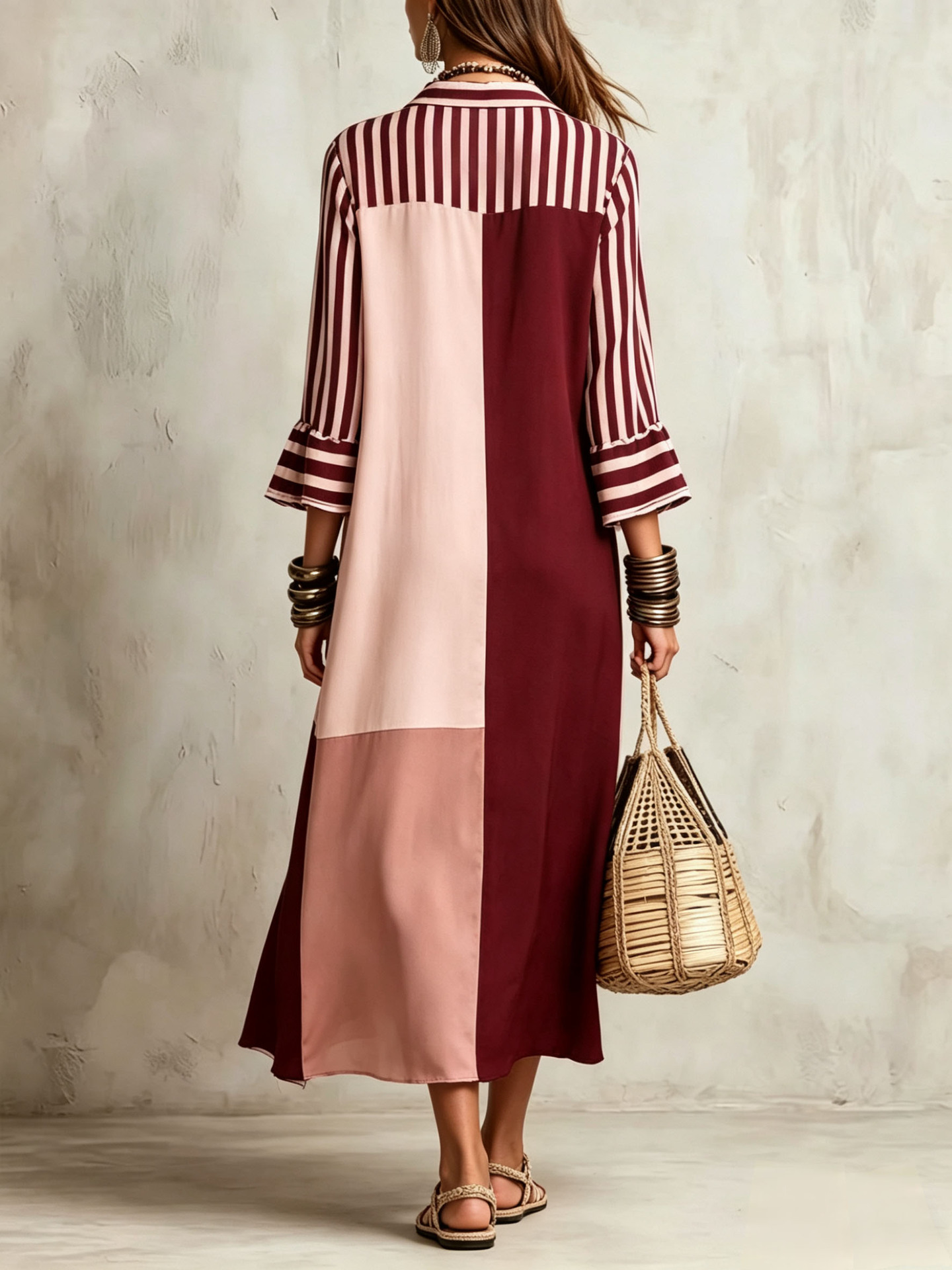 Striped Split-Joint Contrast Color Three-quarter Sleeves Ruffle Sleeves Lapel Midi Dresses