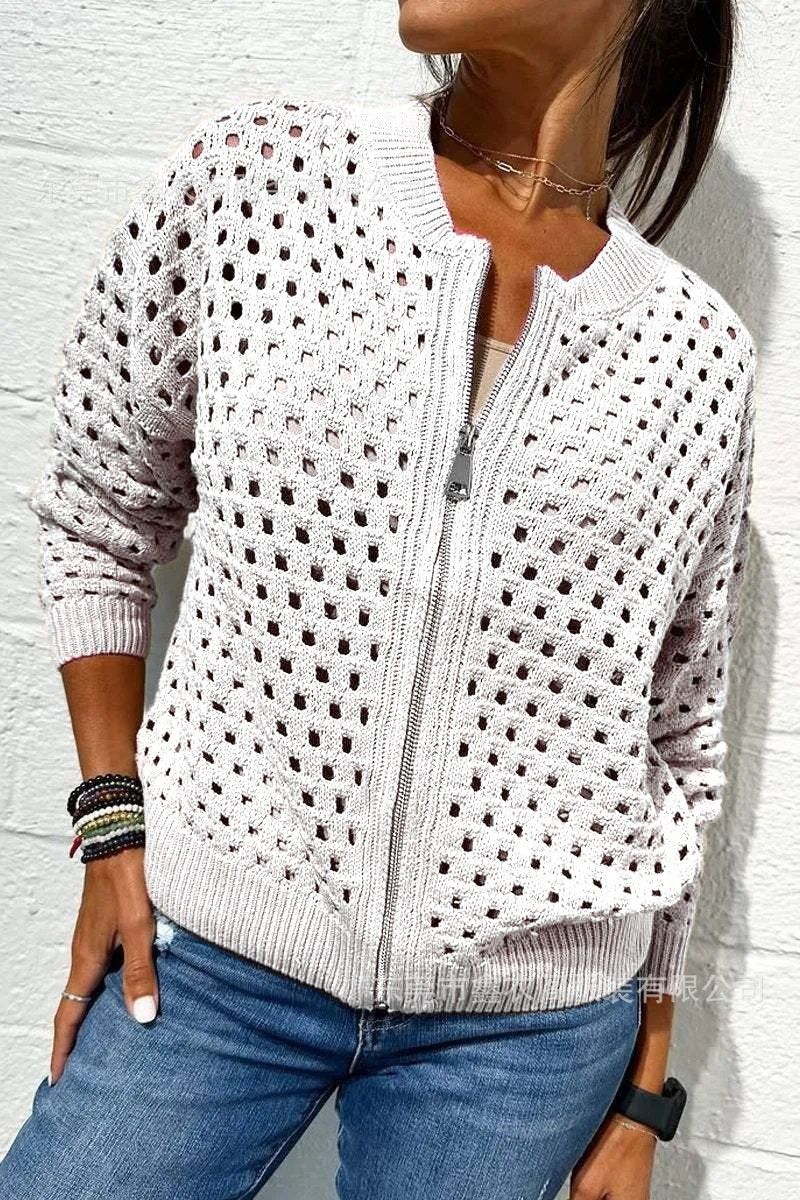 Women��s Casual Hollow Knitwear Zipper Jacket, Crochet Fishnet Knit Shrugs Sweater Jacket Lightweight Cardigans Sweater