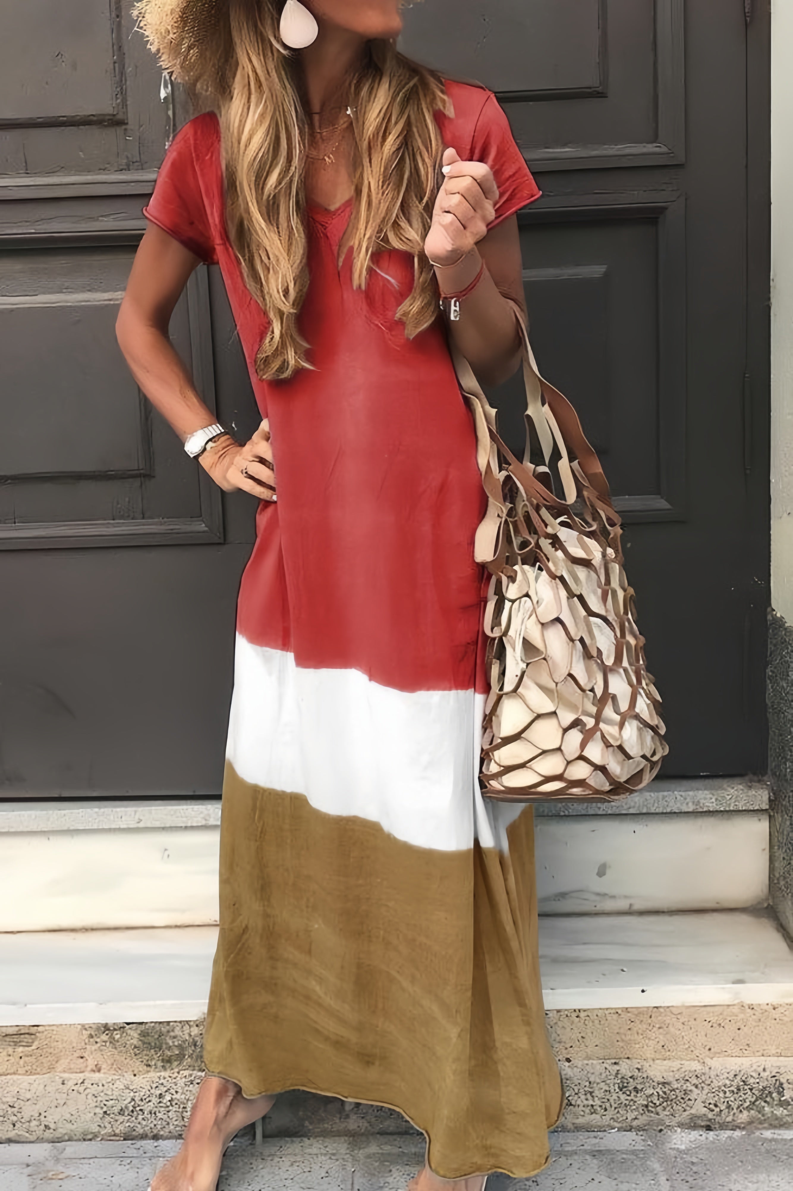 Women V Neck Short Sleeve Maxi Dress