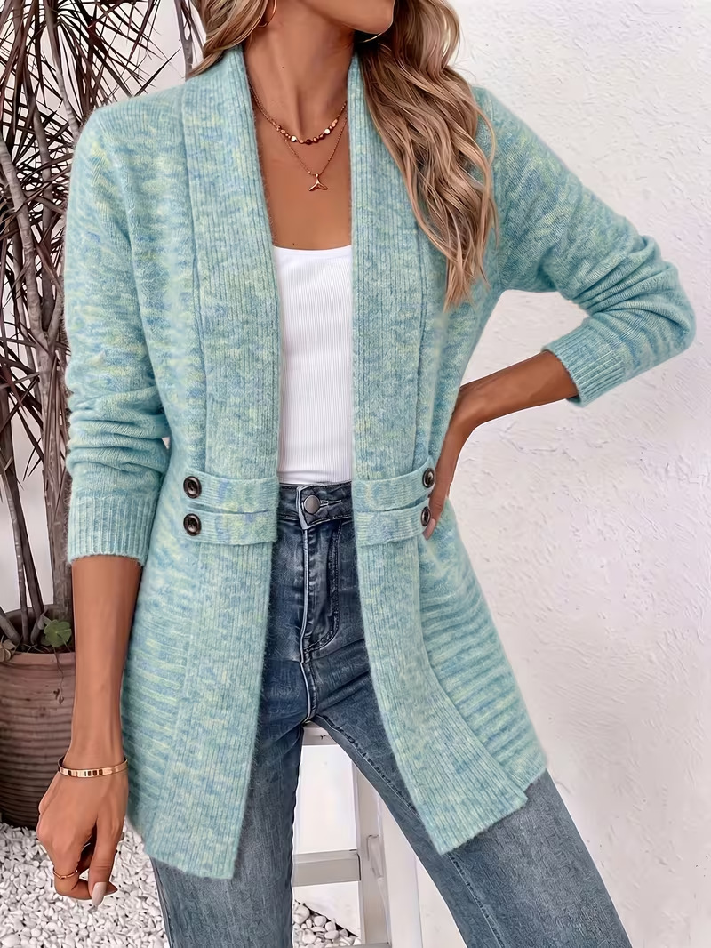 Women's Casual Chic Shawl Collar Side Button Detail Long Sleeve Knit Cardigan