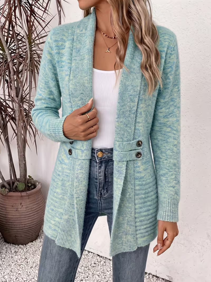 Women's Casual Chic Shawl Collar Side Button Detail Long Sleeve Knit Cardigan