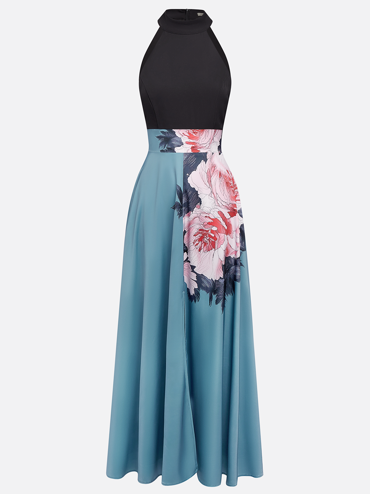 Black Floral Slit Satin Halter Neck Sleeveless A-Line Floor-length Gown Dress