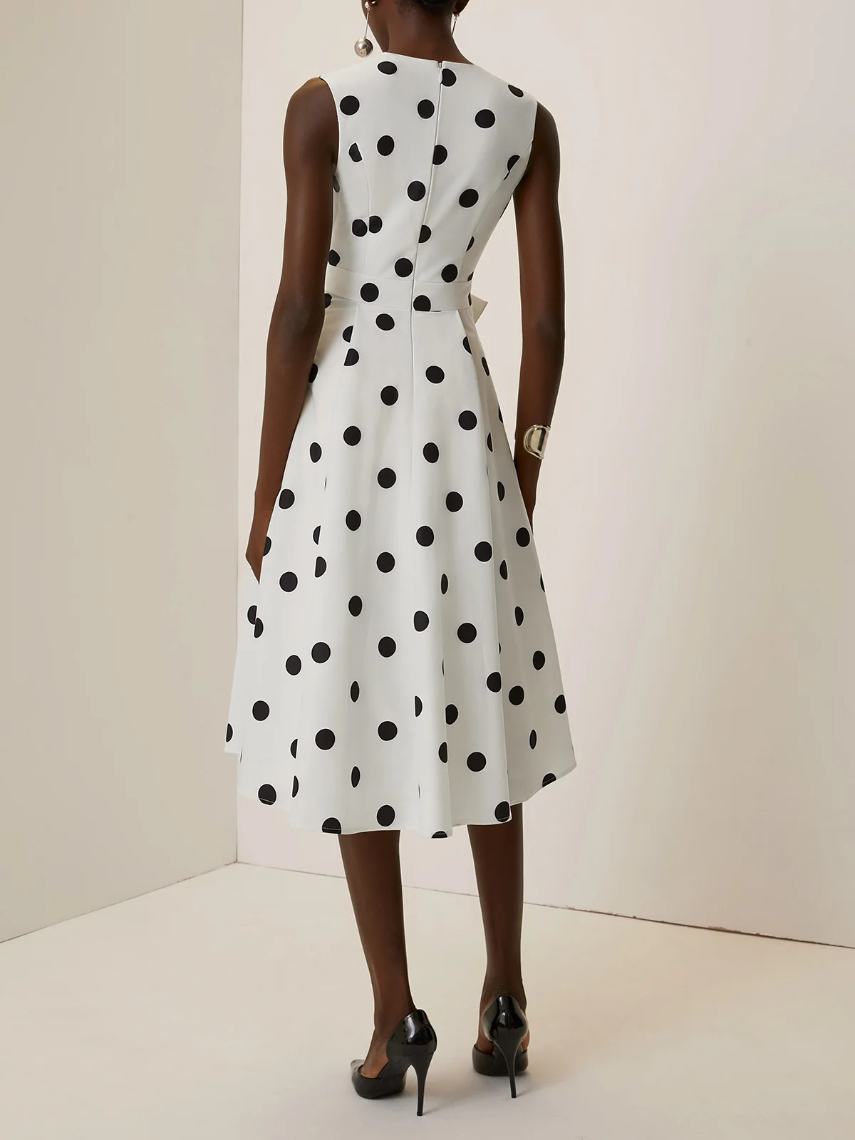 White Polka Dots V Neck Sleeveless A-Line Midi Dress