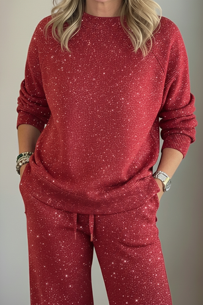 ?? New Arrivals?? Cozy Travel Crew Neck Shiny Sweatshirt and Pant 2 Piece Sets