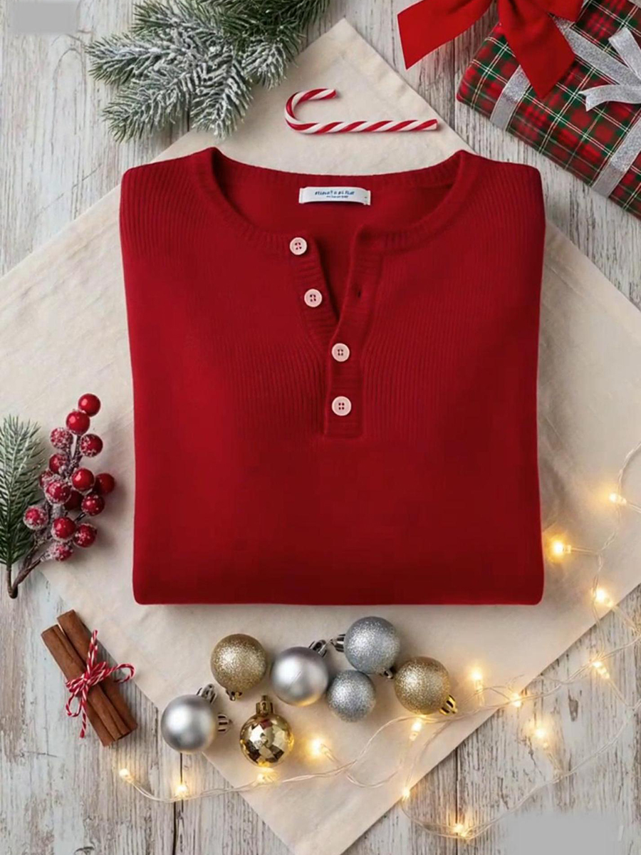 Women's Soft Solid Color Henley Collar Sweater Top