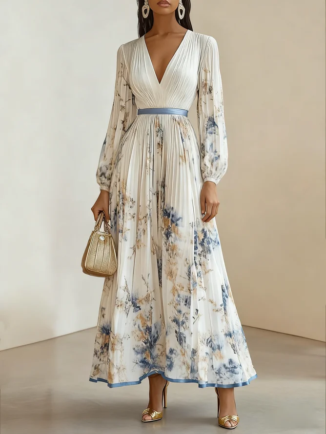 White Pleated Floral Chiffon V Neck Long Sleeve Balloon Sleeve A-Line Maxi Dress